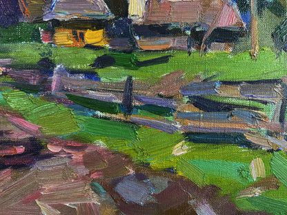 Vibrant impressionist oil painting of mountains above village by Vyacheslav Pereta