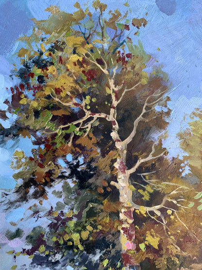 Oil painting Returning home by Yuriy Suprunchuk: vibrant autumn tree