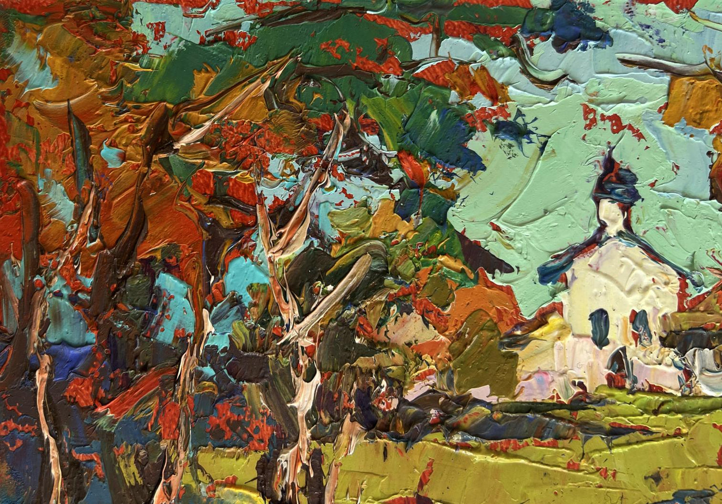 Oil painting Autumn bell ringing church tower by Oksana Ivanyuk