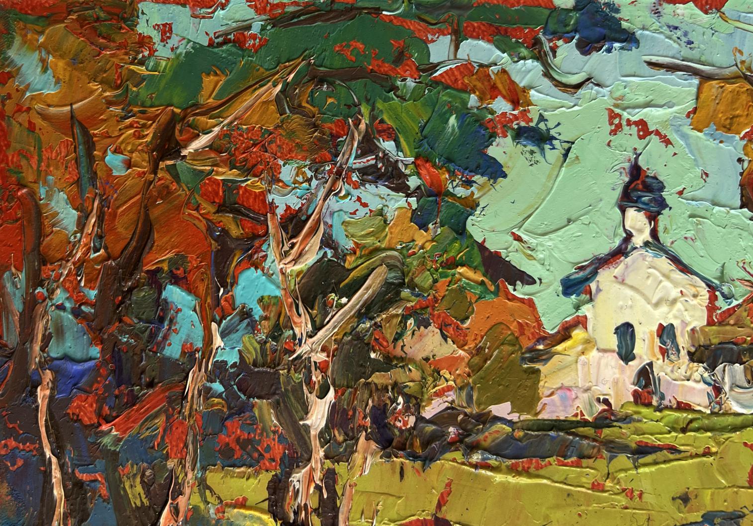 Oil painting Autumn bell ringing church tower by Oksana Ivanyuk