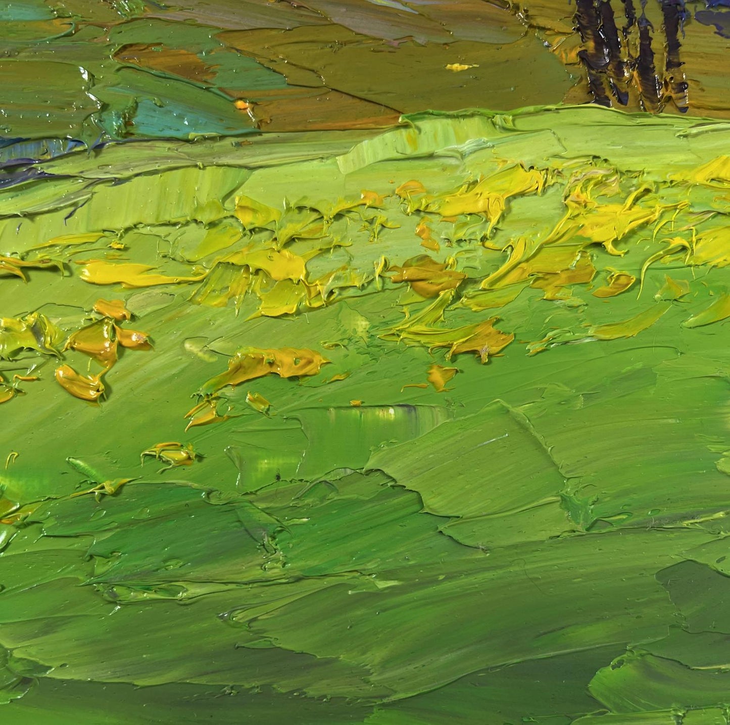 Oil painting of mountain flower fields by Boris Serdyuk, impasto green and yellow strokes