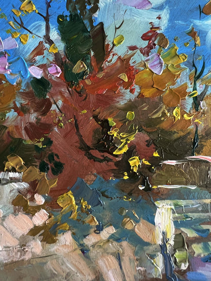 Vibrant oil painting of village street walk by Yuriy Suprunchuk in autumn hues