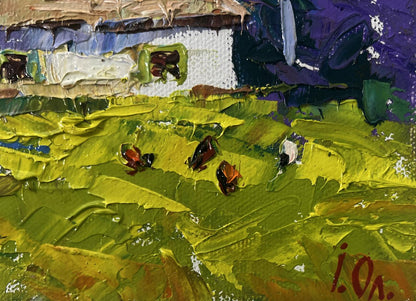 Vibrant impressionist oil painting by Oleksiy Ivanyuk: green fields, white building