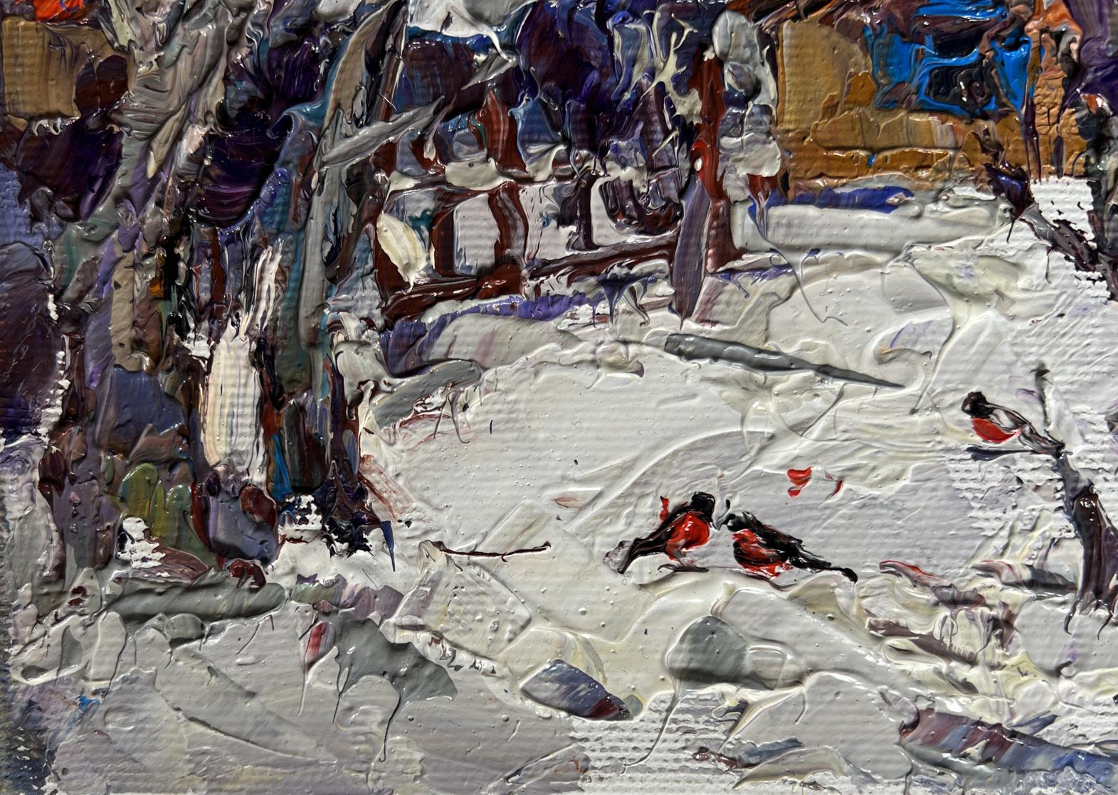 Oil painting Bullfinch in the yard by Oksana Ivanyuk snowy landscape