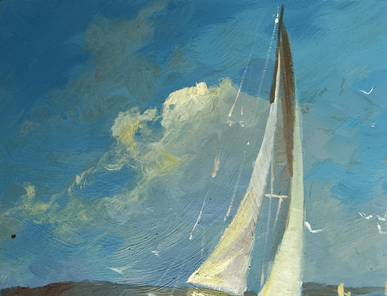 Oil painting of tall sailboat gliding on sea by Yuriy Suprunchuk