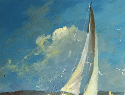 Oil painting of tall sailboat gliding on sea by Yuriy Suprunchuk