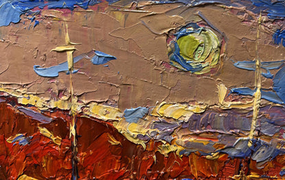 Oil painting of sailing boat into sunset by Oksana Ivanyuk