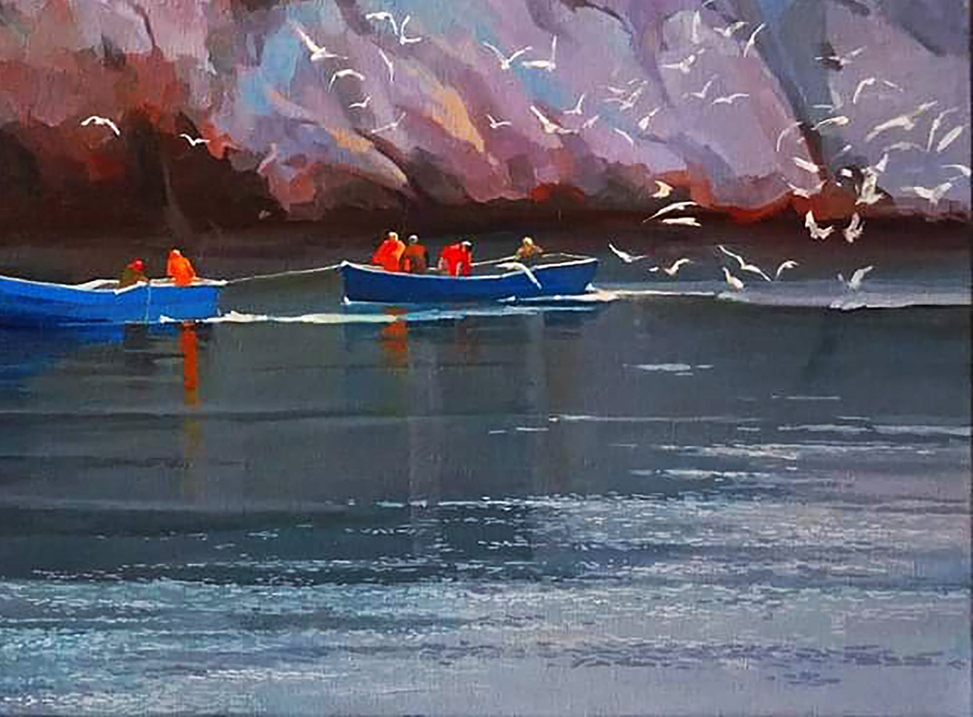 Oil painting Morning at sea by Anastasia Yaroshevich: blue rowboats on water by cliff