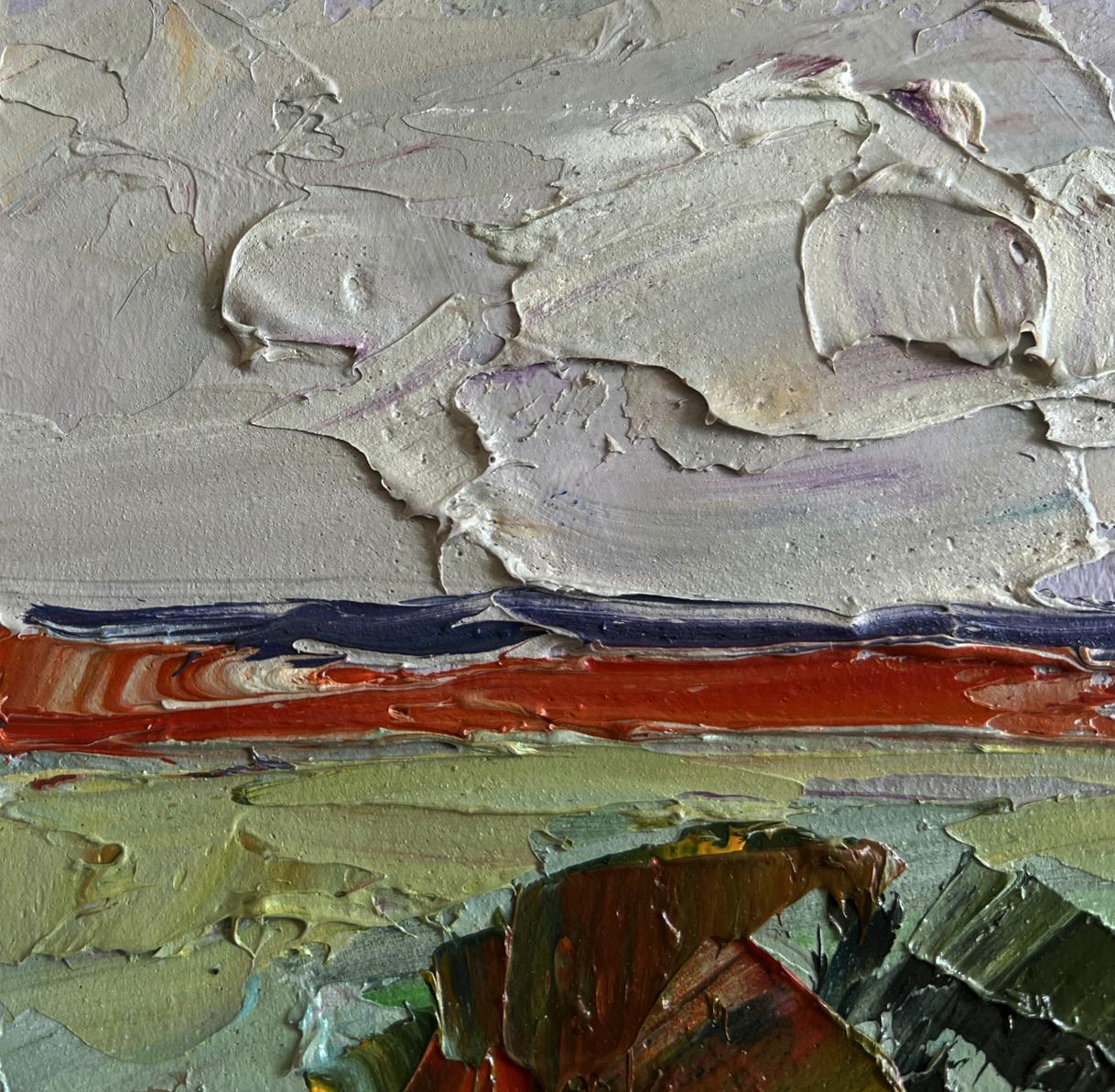 Oil painting Autumn Days by the River by Boris Serdyuk, textured abstract grays reds blues greens