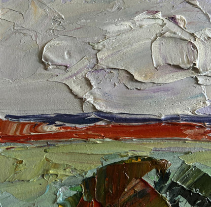 Oil painting Autumn Days by the River by Boris Serdyuk, textured abstract grays reds blues greens