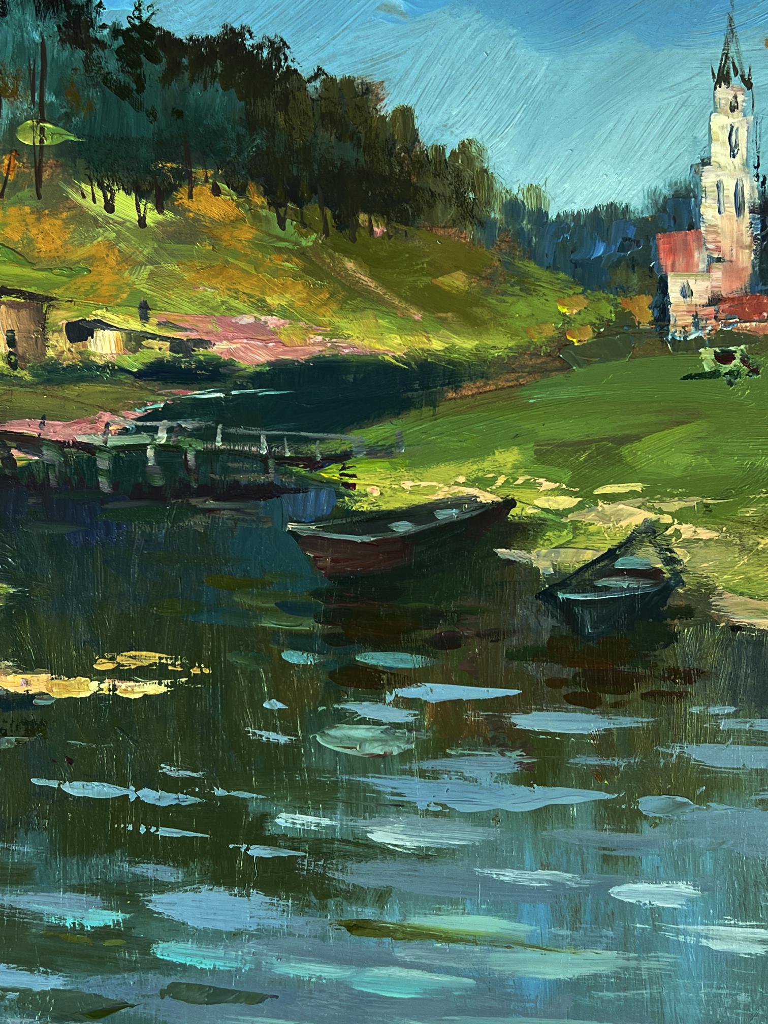 Serene oil painting of river to village by Yuriy Suprunchuk