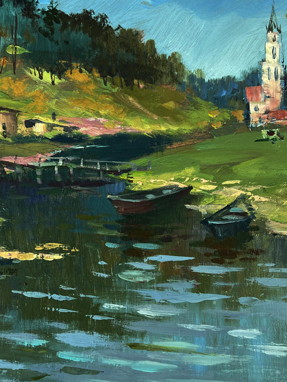 Serene oil painting of river to village by Yuriy Suprunchuk