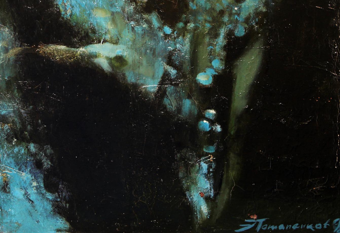 Oil painting Bathers by Ed Potapenkov with teal black swirls blue accents
