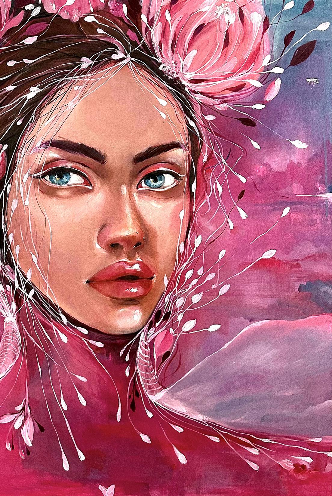 Vibrant pink floral headdress oil painting by Pions Victoria Kagalovska