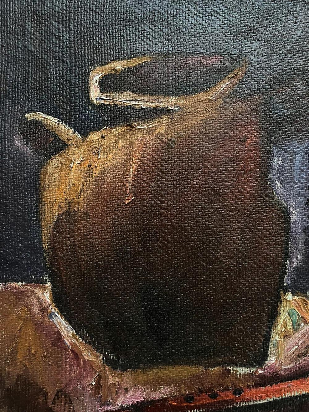 Rustic earth-toned ceramic pitcher in Oleksandr Andreev oil painting still life