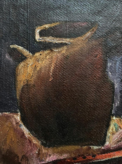 Rustic earth-toned ceramic pitcher in Oleksandr Andreev oil painting still life
