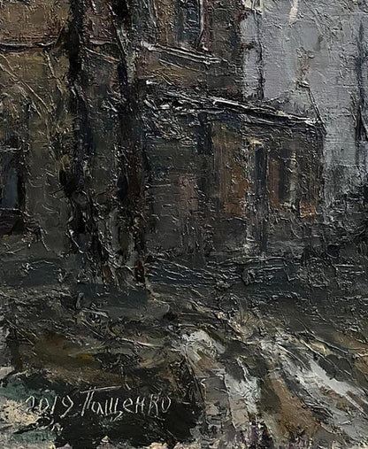Textured oil painting of village life by Volodymyr Pashchenko