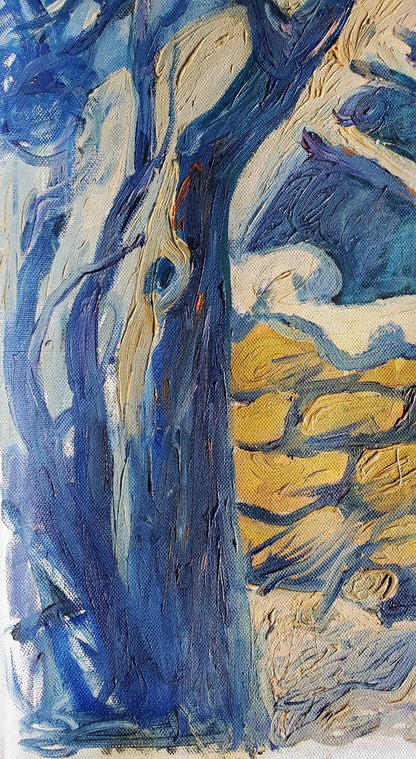 Oil painting Winter in the village by Daniil Litvinov with dark blue tree