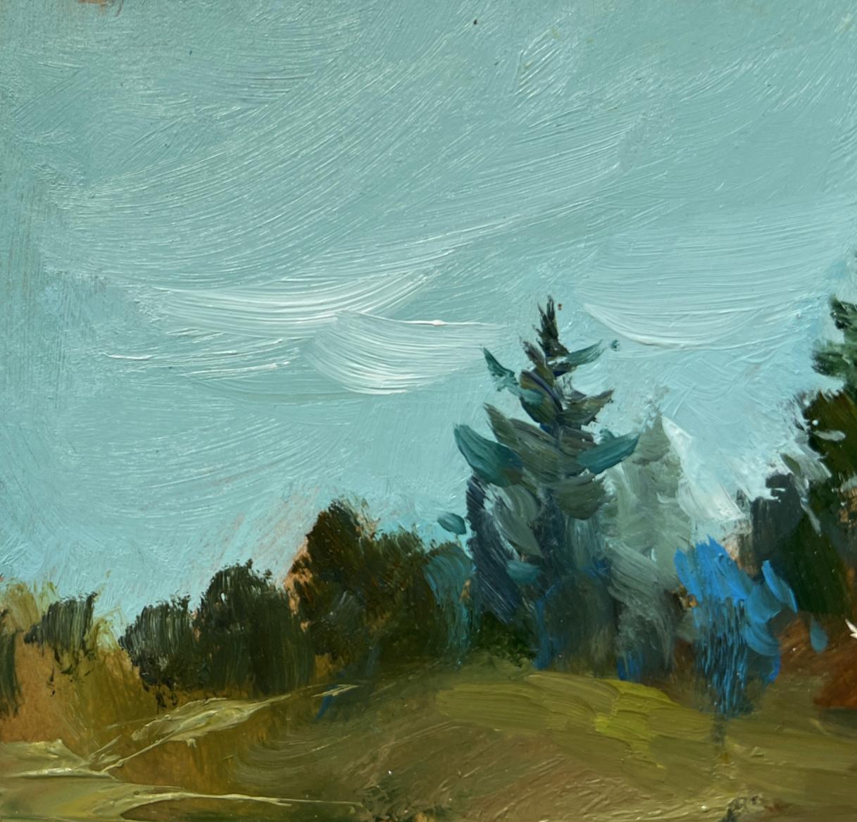Oil painting of solitary evergreen tree in Forest in the reflection of the river by Yuriy Suprunchuk