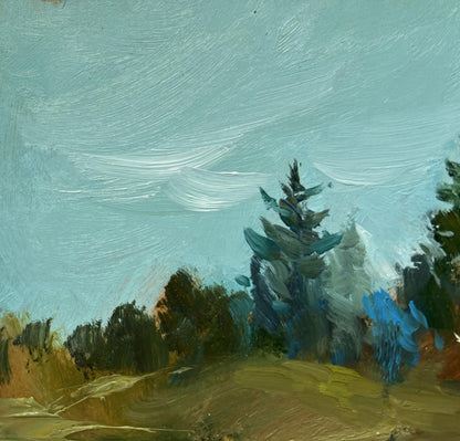 Oil painting of solitary evergreen tree in Forest in the reflection of the river by Yuriy Suprunchuk