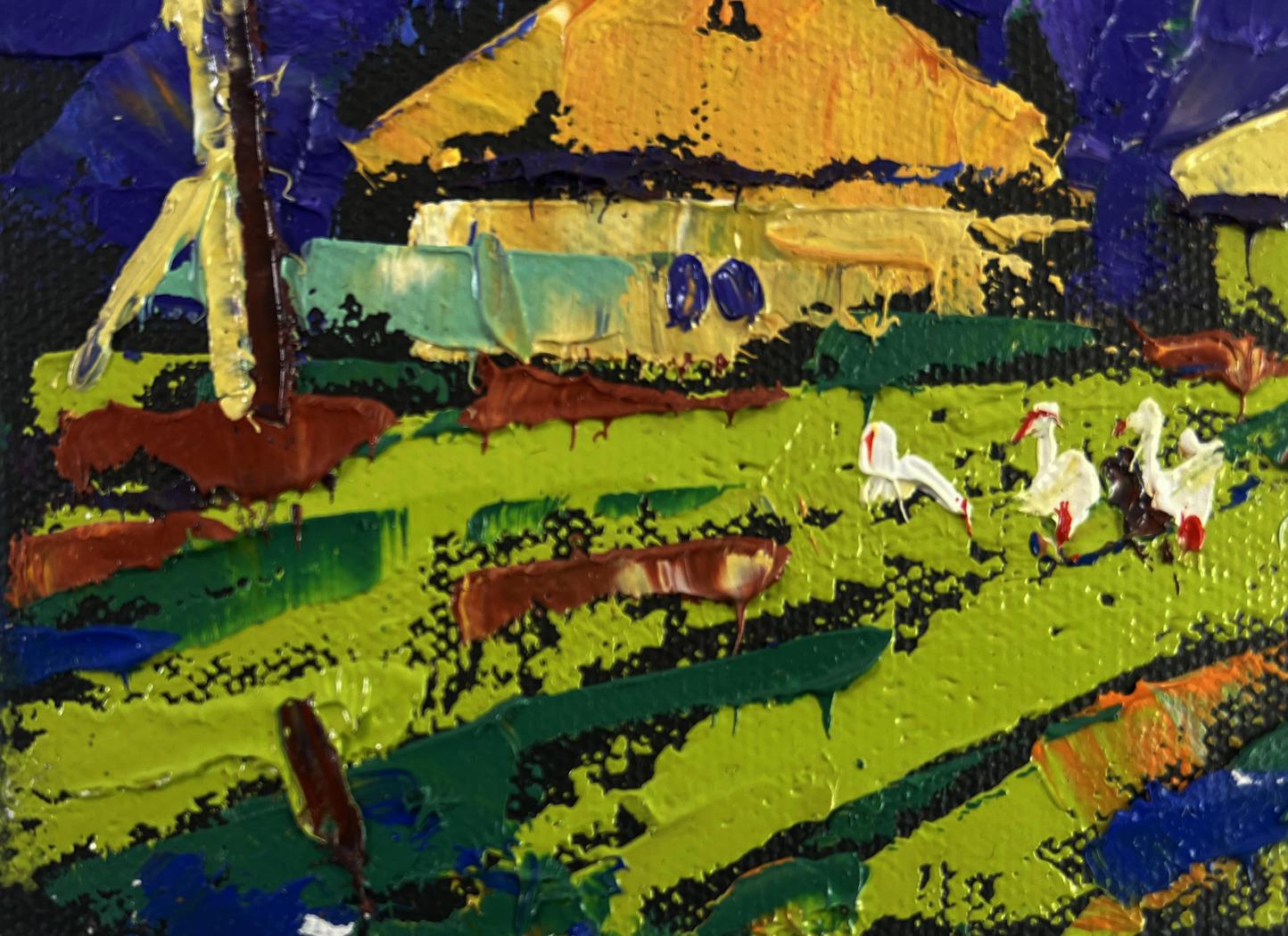 Vibrant impressionist oil painting by Oleksiy Ivanyuk: yellow-roofed house in lush fields
