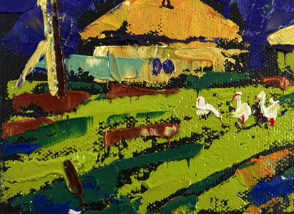 Vibrant impressionist oil painting by Oleksiy Ivanyuk: yellow-roofed house in lush fields