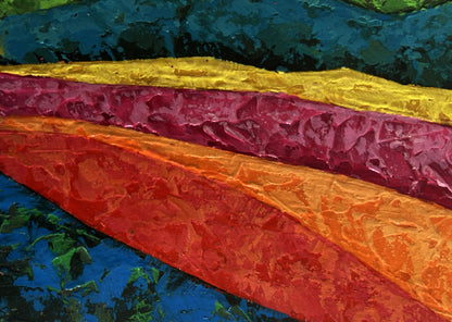 Vibrant oil painting by V. Zadorozhnya: flower meadow silhouettes in bold yellow, magenta, orange, red bands on deep blue