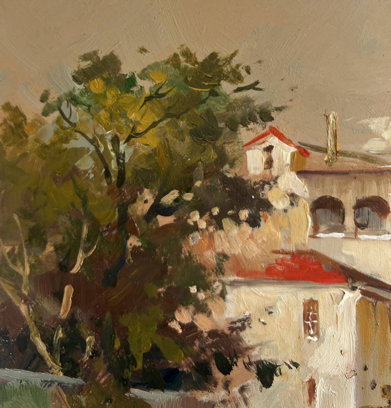 Oil painting Romantic evening in Venice by Yuriy Suprunchuk with rustic red roofs and foliage