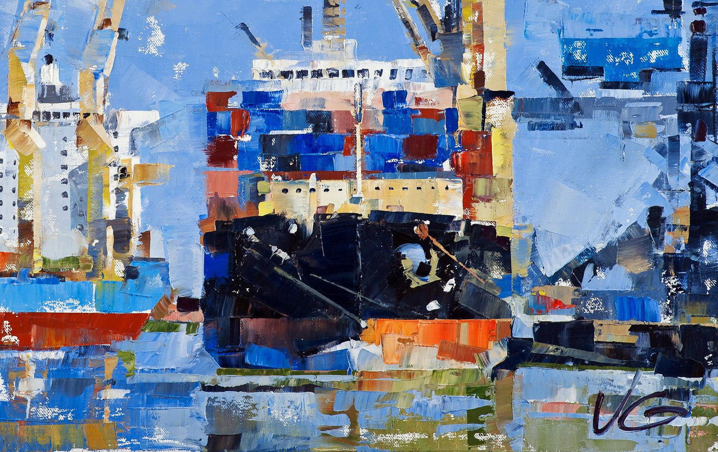 Vibrant oil painting of cargo ship at port by Volodymyr Gluhomanyuk