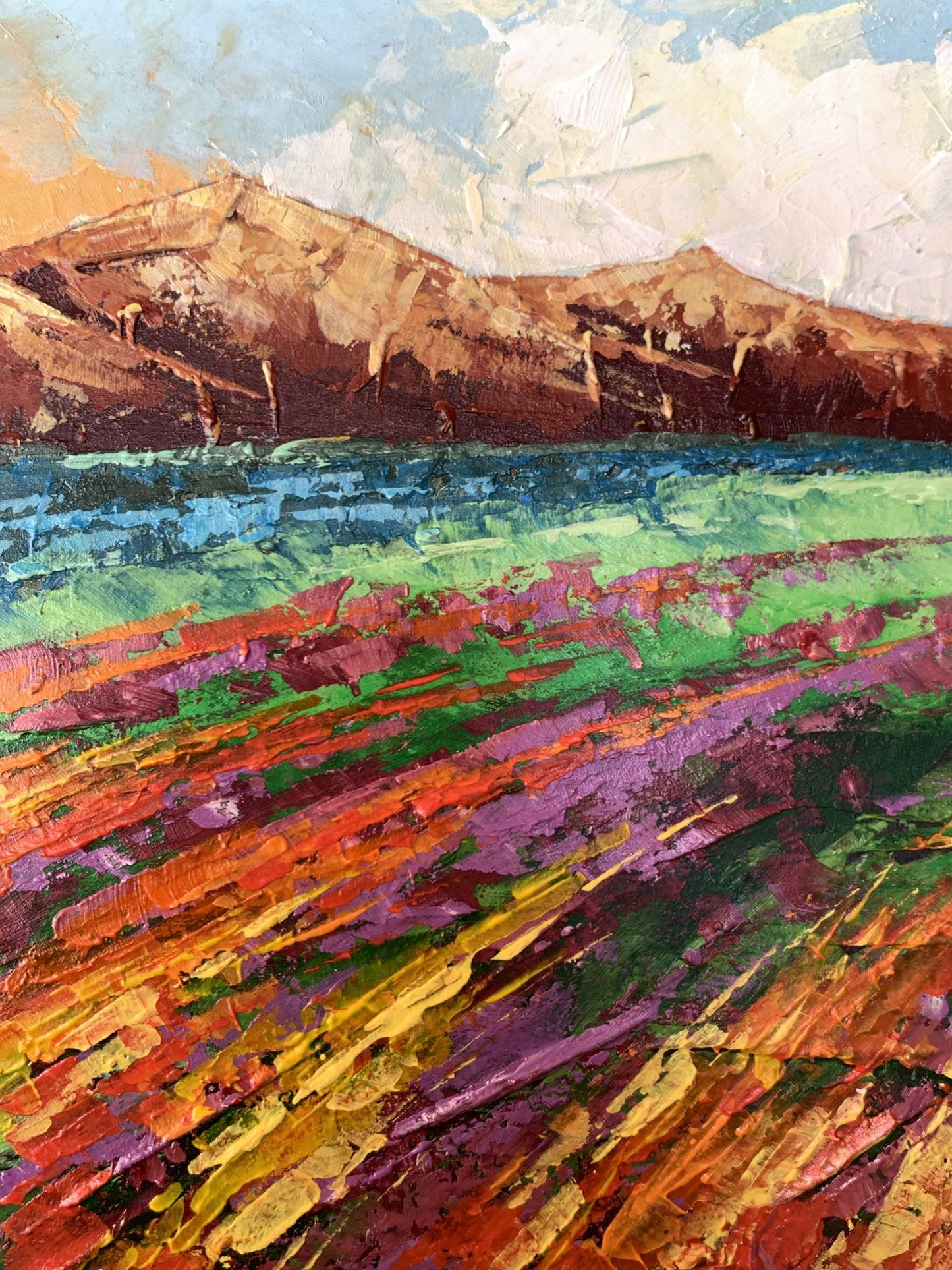 Vibrant oil painting of brown mountains by V. Zadorozhnya