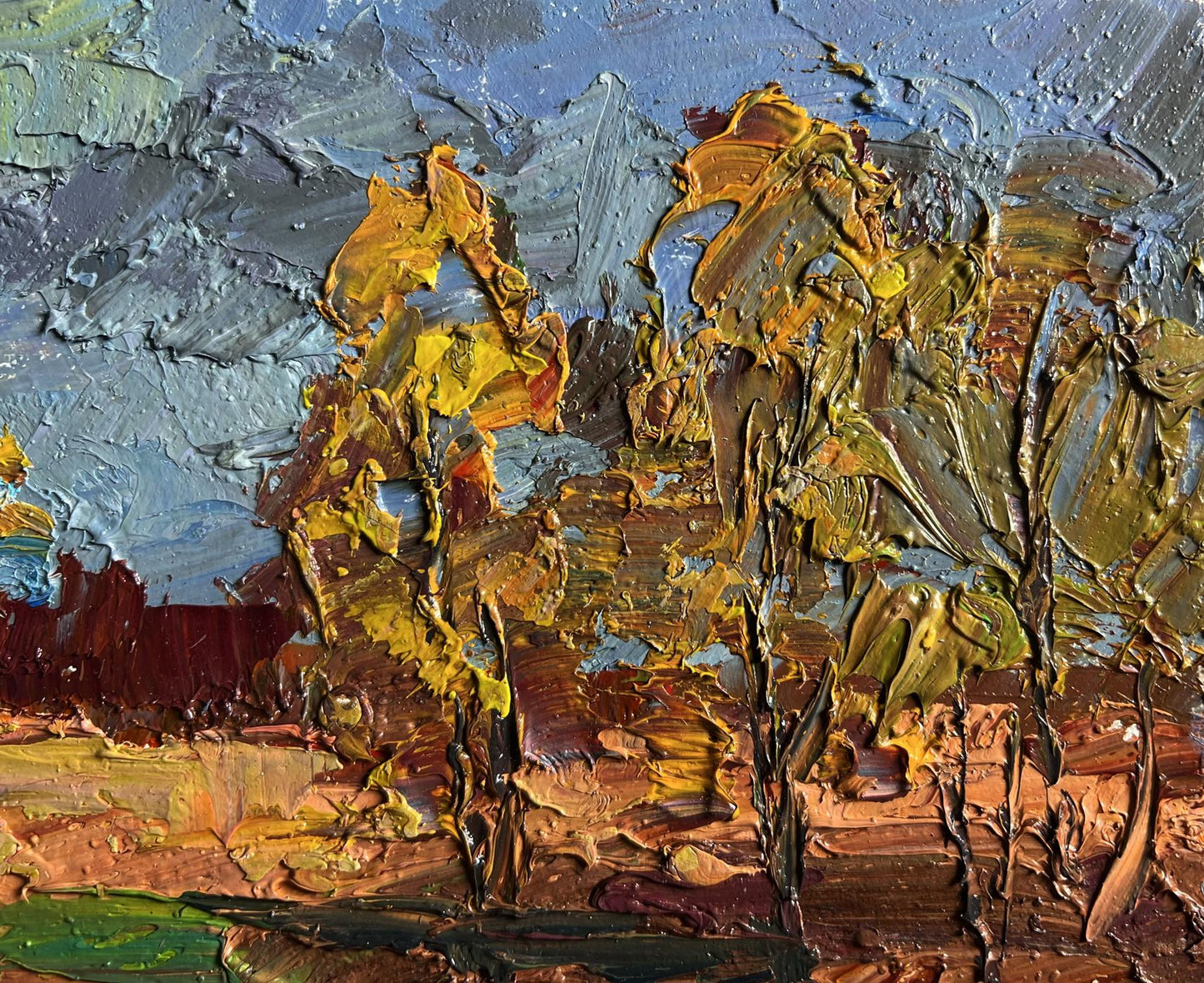 Impasto oil painting Its a nasty day by Boris Serdyuk with yellow orange trees blue sky