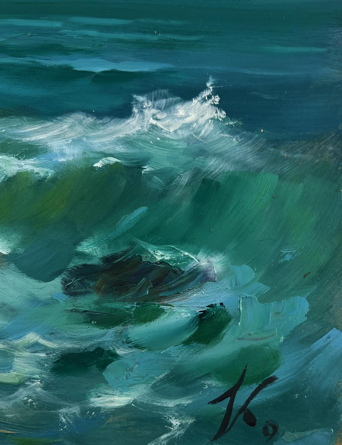 Oil painting The sea whispers and roars by Yuriy Suprunchuk, turbulent teal waves