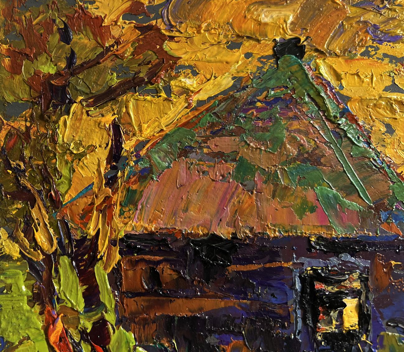 Oil painting Warm evening in the village by Oleksiy Ivanyuk, rustic thatched house in autumn