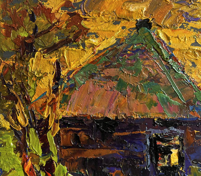 Oil painting Warm evening in the village by Oleksiy Ivanyuk, rustic thatched house in autumn
