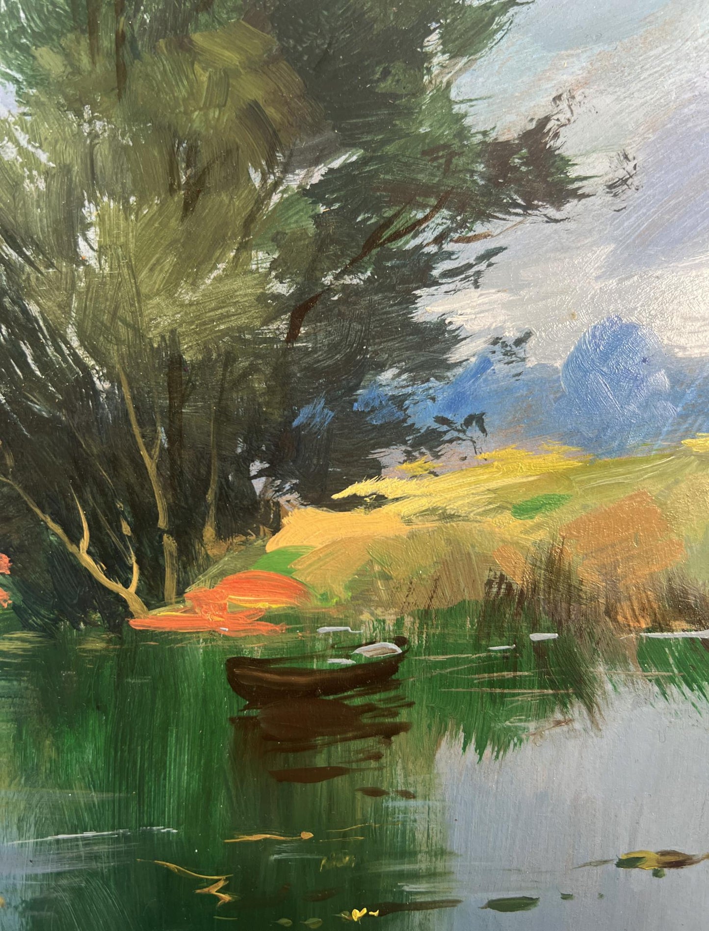 Oil painting of rowboat on calm green water under trees by Yuriy Suprunchuk