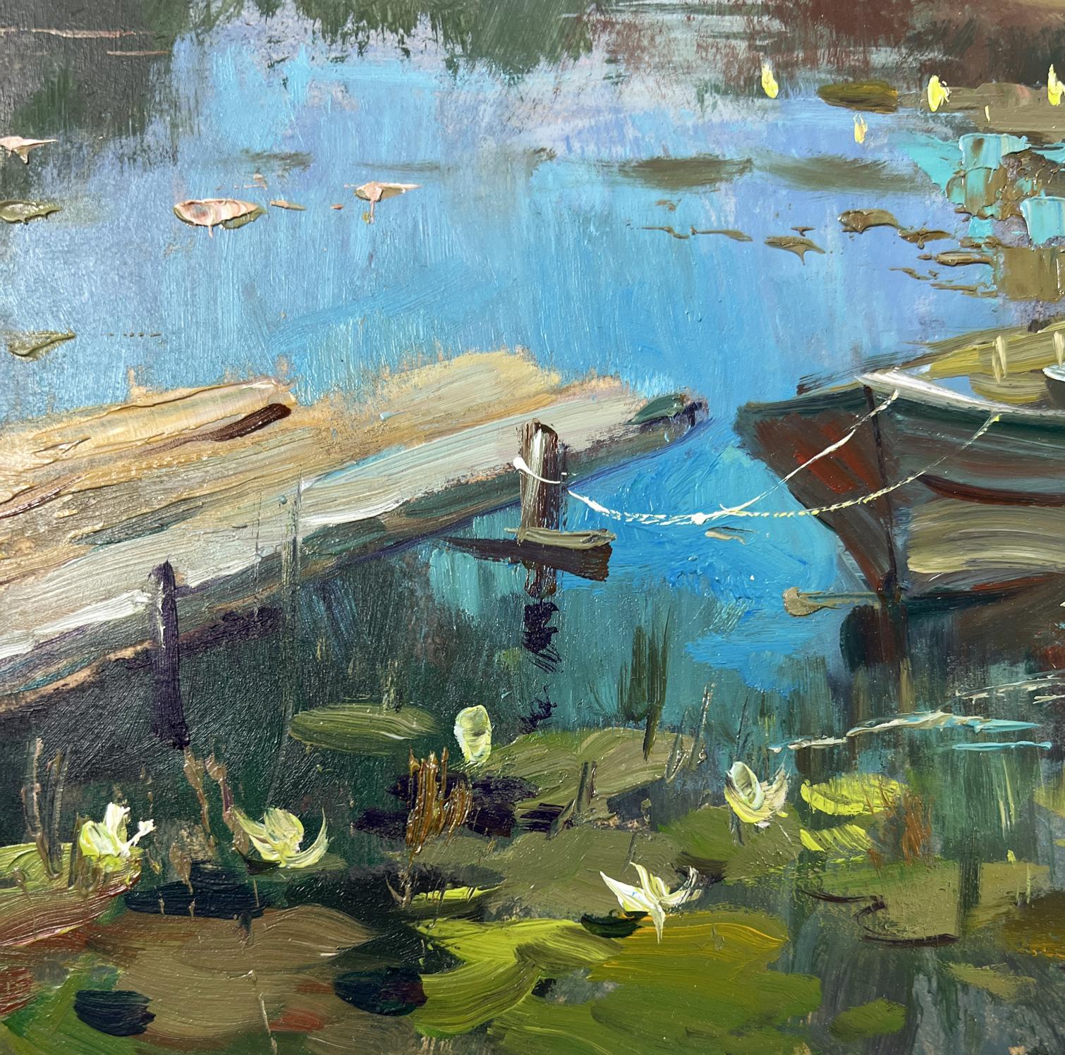 Oil painting of boat in lumber mill pond with lily pads by Yuriy Suprunchuk
