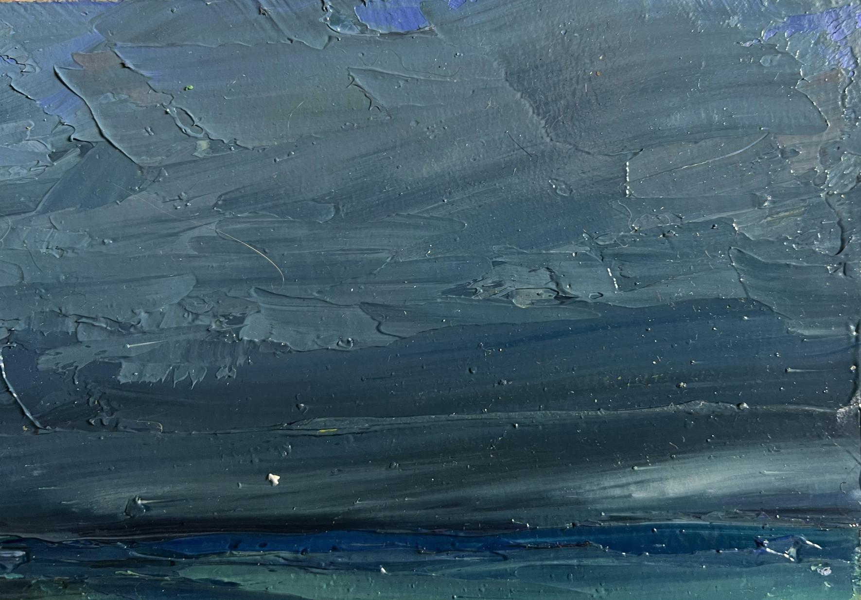 Textured teal navy abstract oil painting by Boris Serdyuk, beach people scene