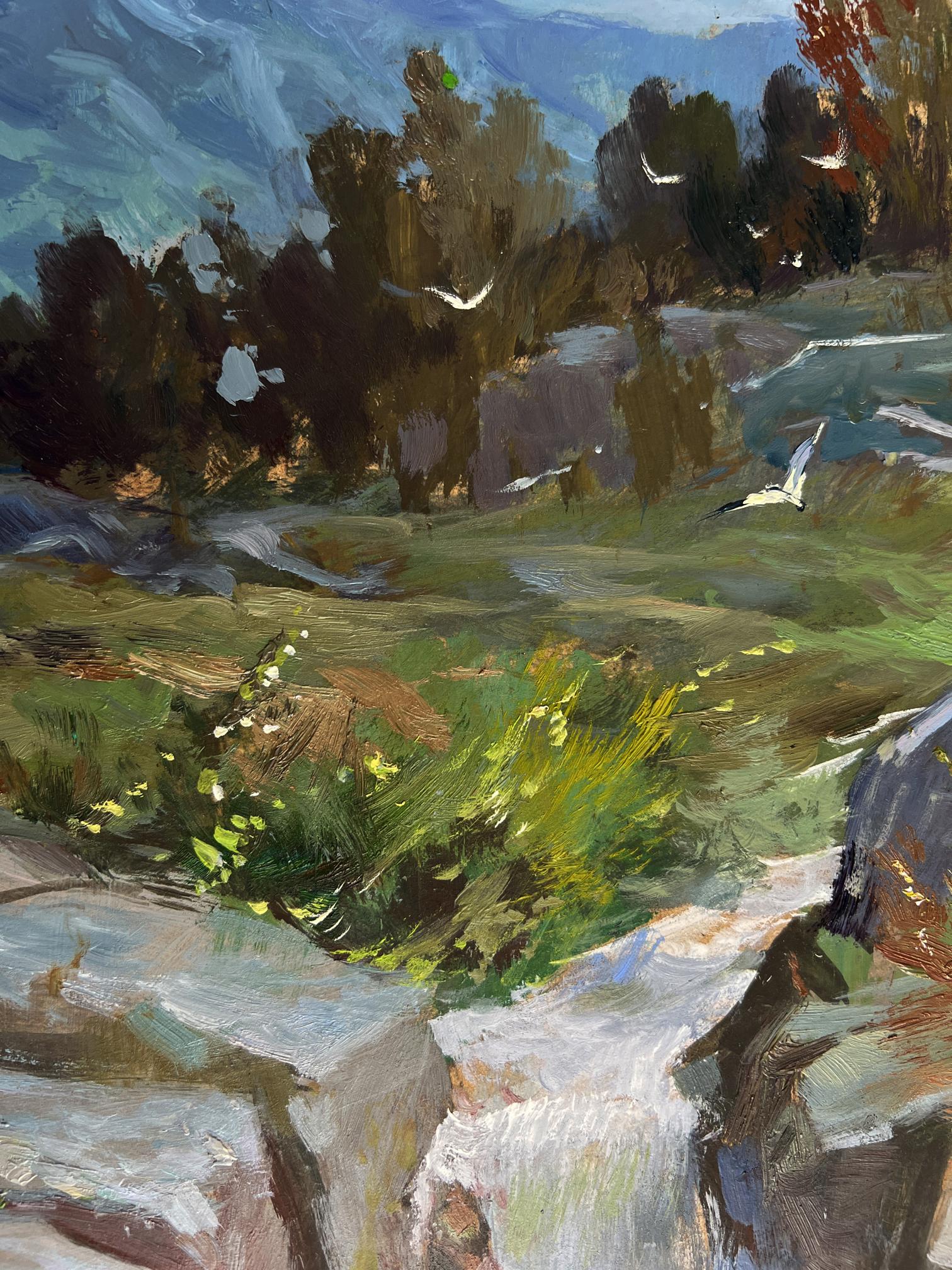 Vibrant impressionist oil painting by Yuriy Suprunchuk with green fields, mountains, birds