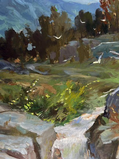 Vibrant impressionist oil painting by Yuriy Suprunchuk with green fields, mountains, birds