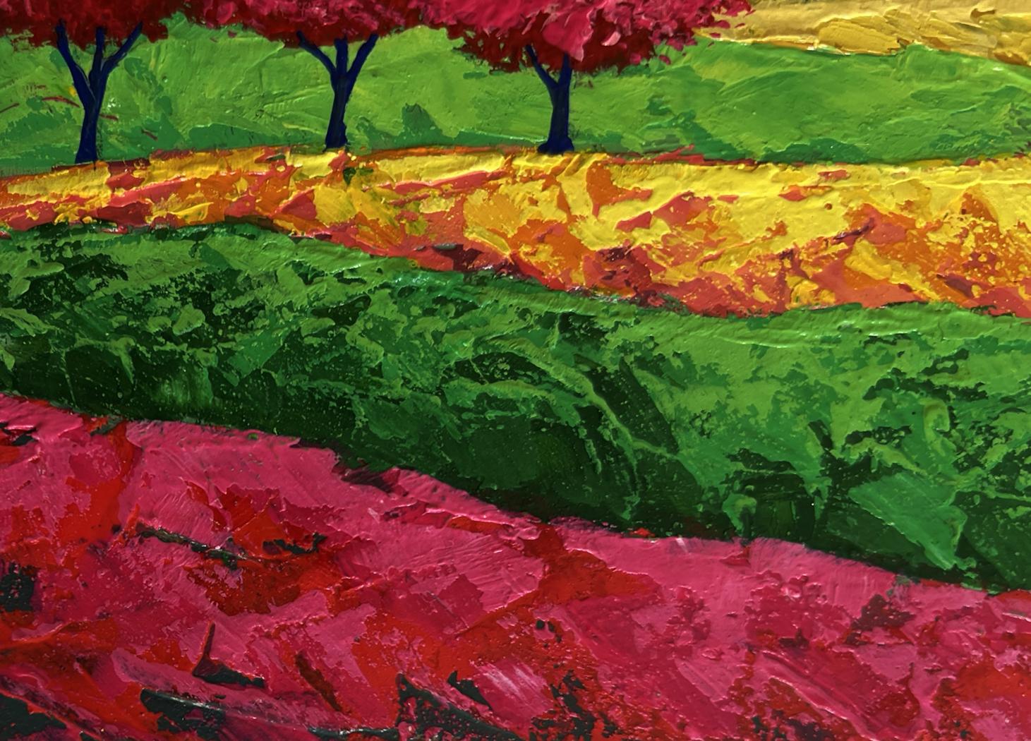Vibrant impressionist oil painting of blooming trees in field by V. Zadorozhnya