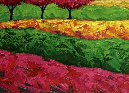 Vibrant impressionist oil painting of blooming trees in field by V. Zadorozhnya
