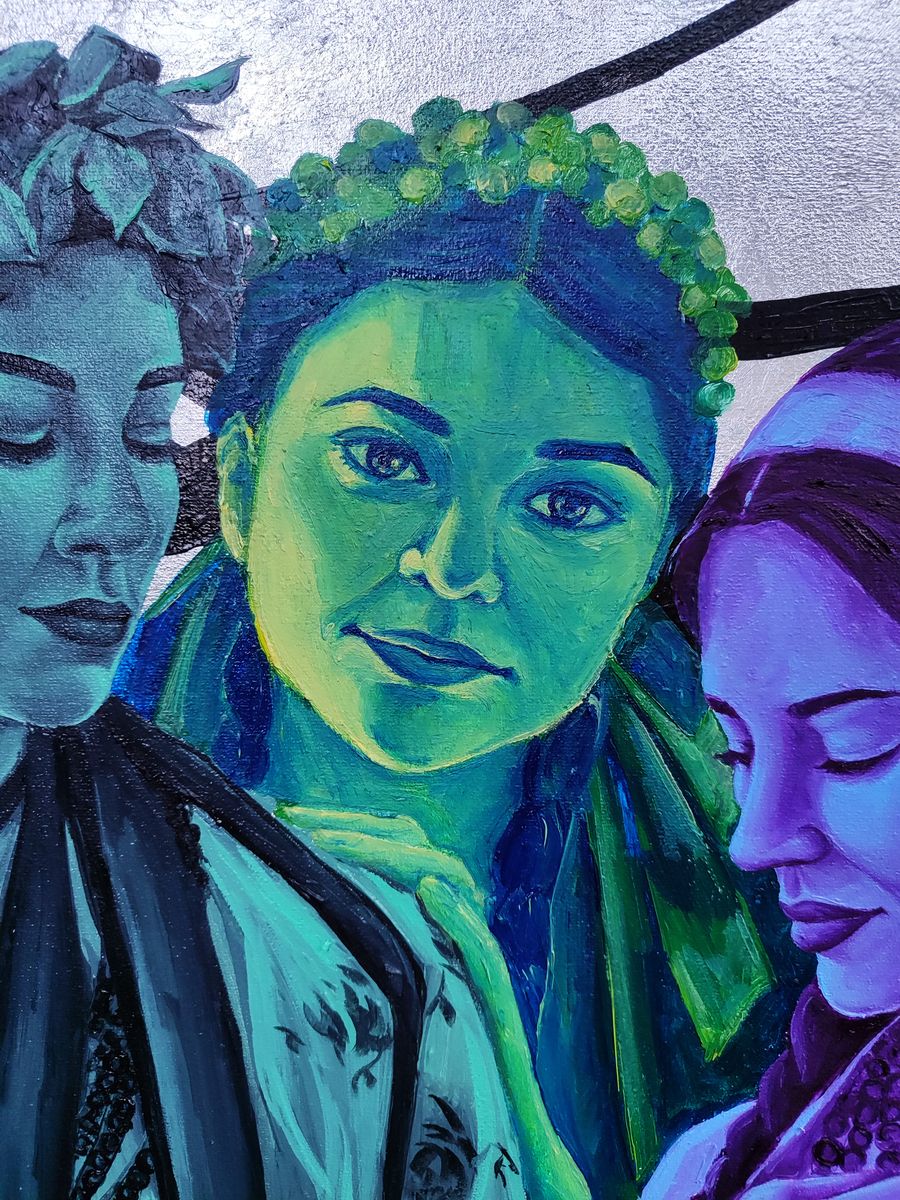 Vibrant green Frida Kahlo oil portrait with leafy crown by Oksana Sklym