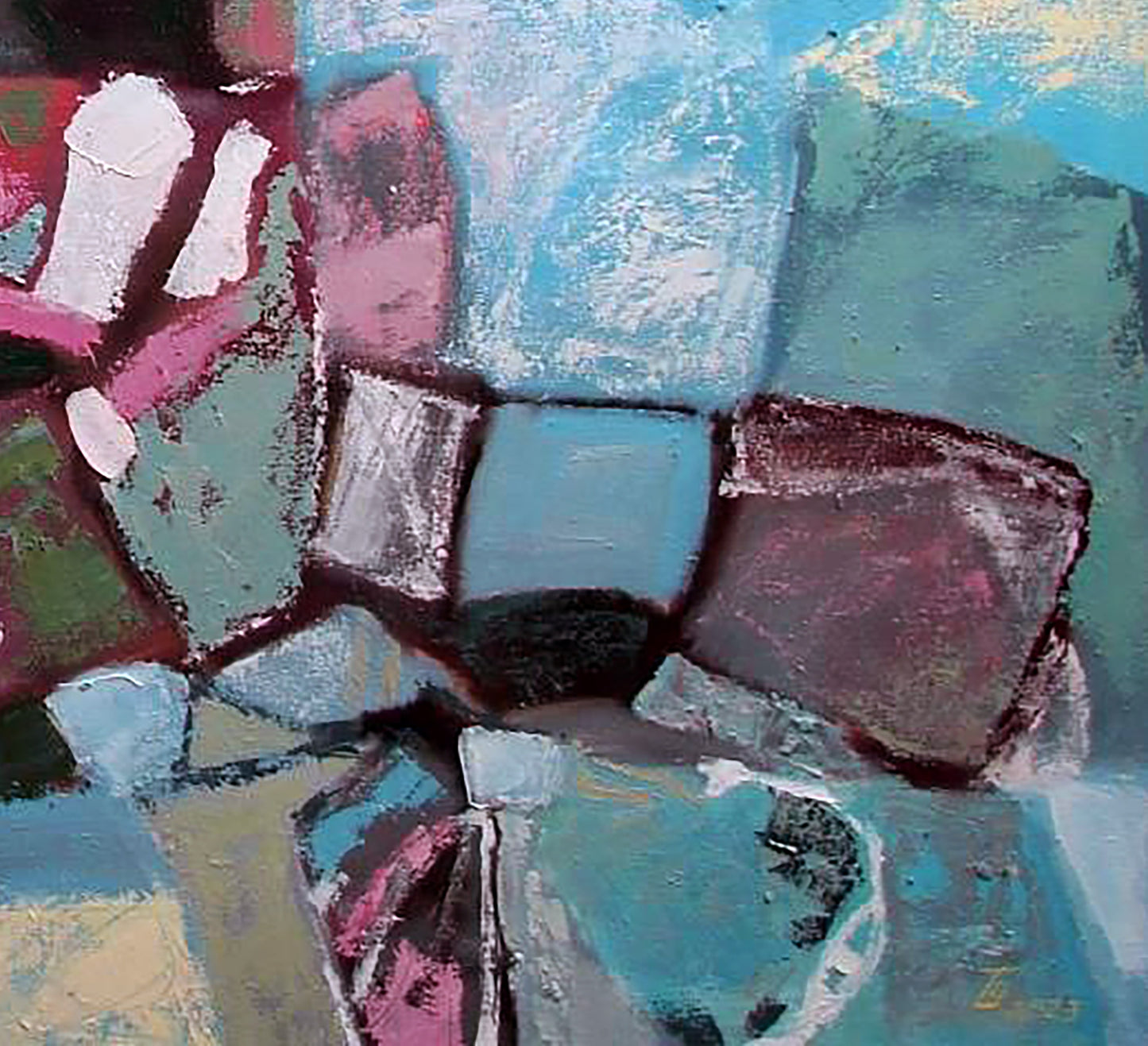 Oil painting Tender sea by Tatyana Shulyak with teal pink white blocks