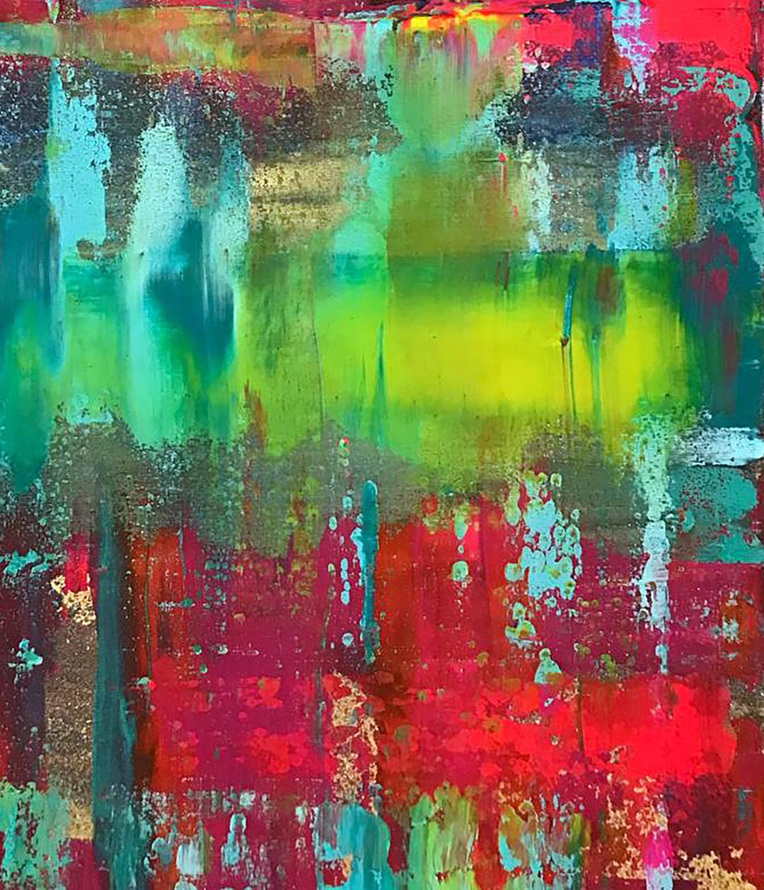Vibrant acrylic painting Magic Wand by Olga Melezhik with red, green, teal streaks