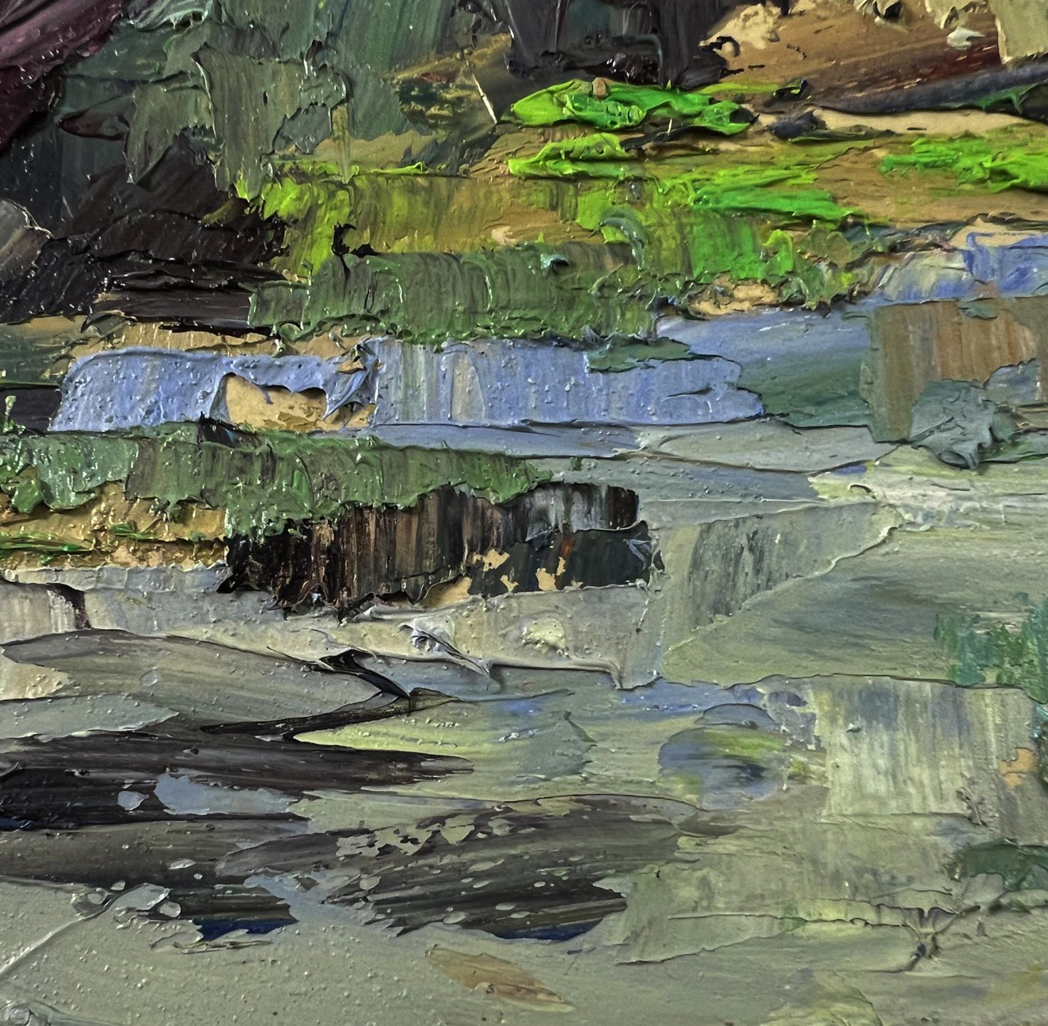 Oil painting of trees above river by Boris Serdyuk, textured impasto greens