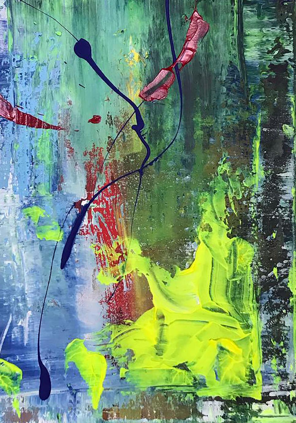 Vibrant acrylic painting Red sun by Olga Melezhik with neon splashes
