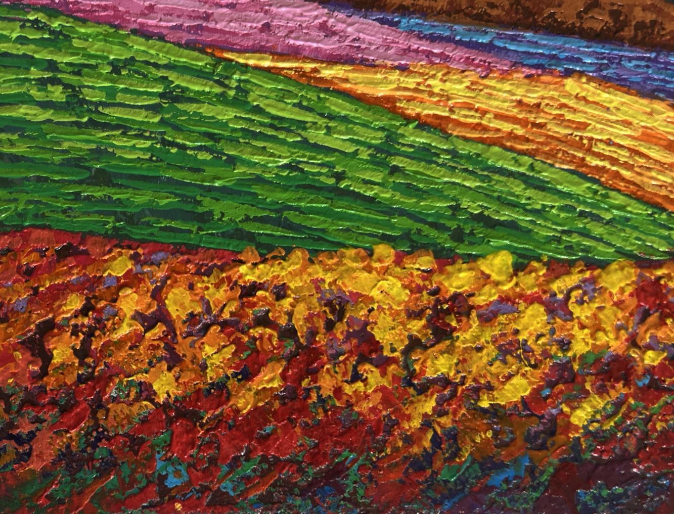 Vibrant oil painting of sunset palette over mountain valley by V. Zadorozhnya