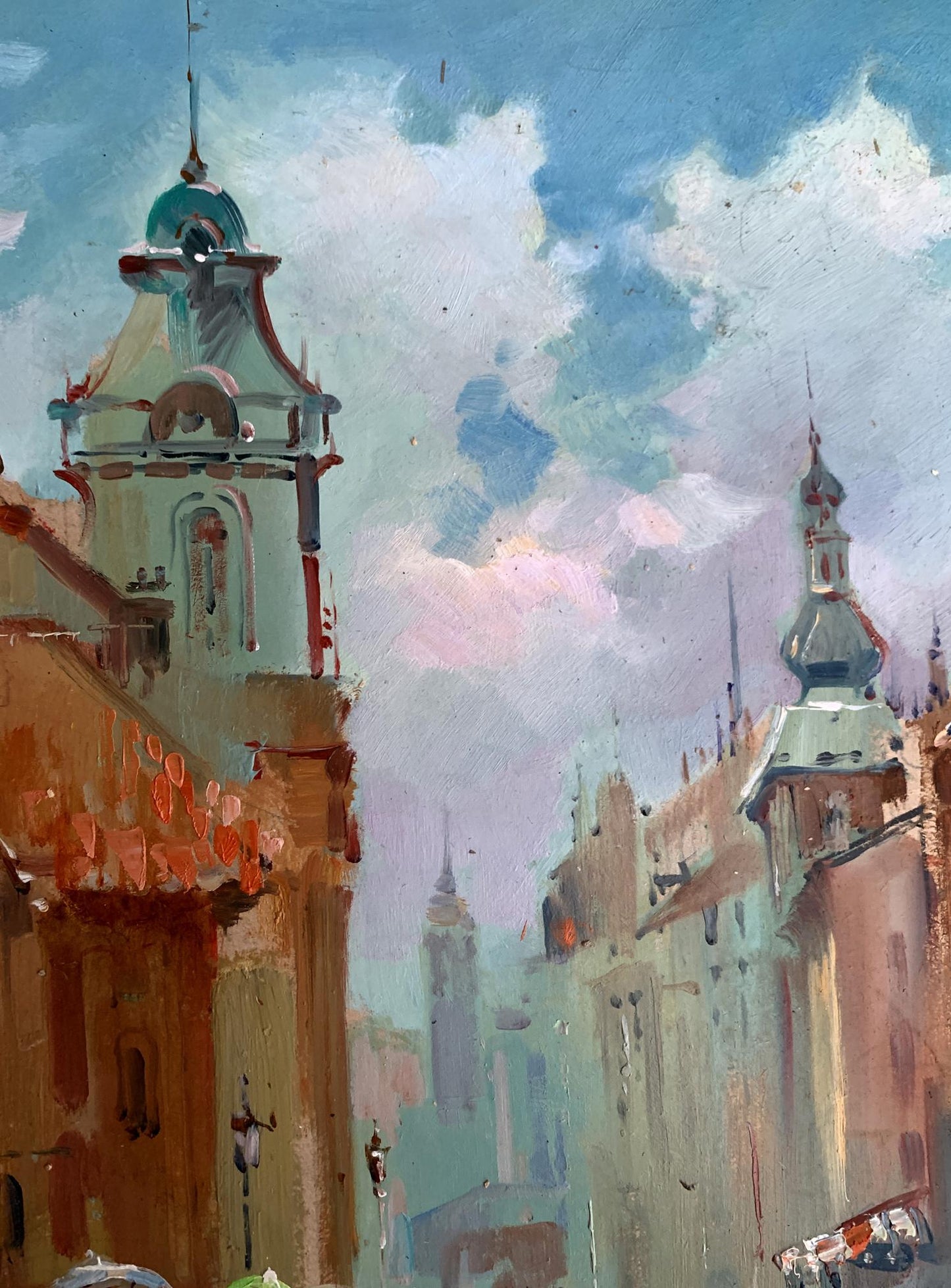 Oil painting Dynamics of urban life by Yuriy Suprunchuk: historic European street scene