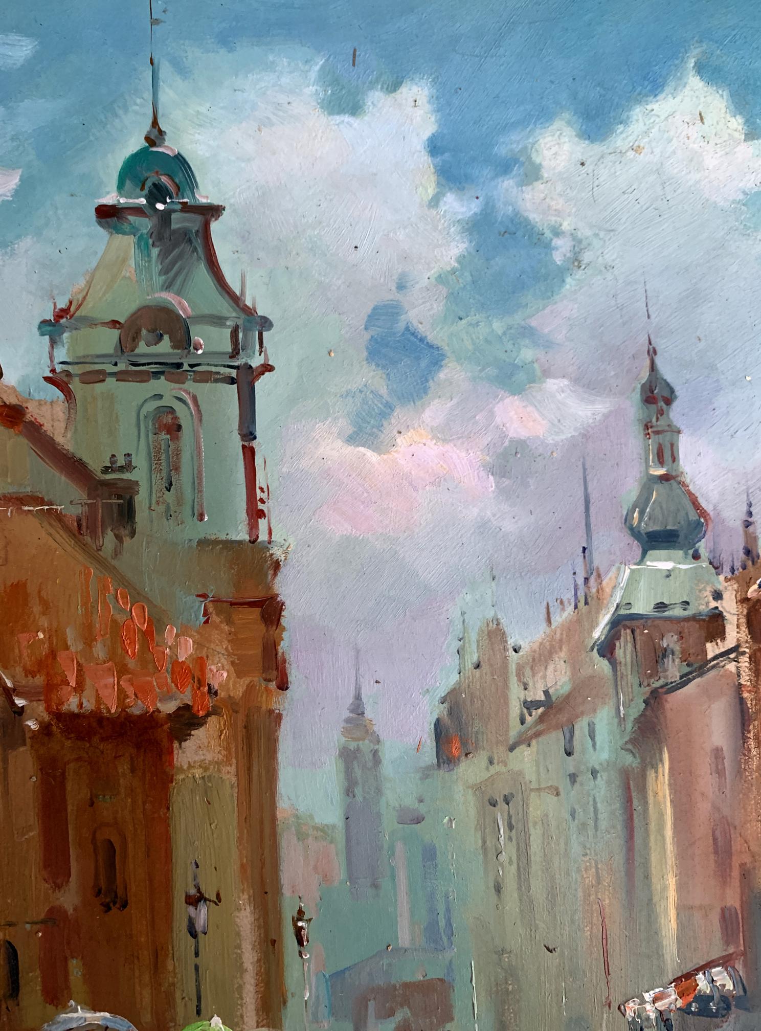 Oil painting Dynamics of urban life by Yuriy Suprunchuk: historic European street scene