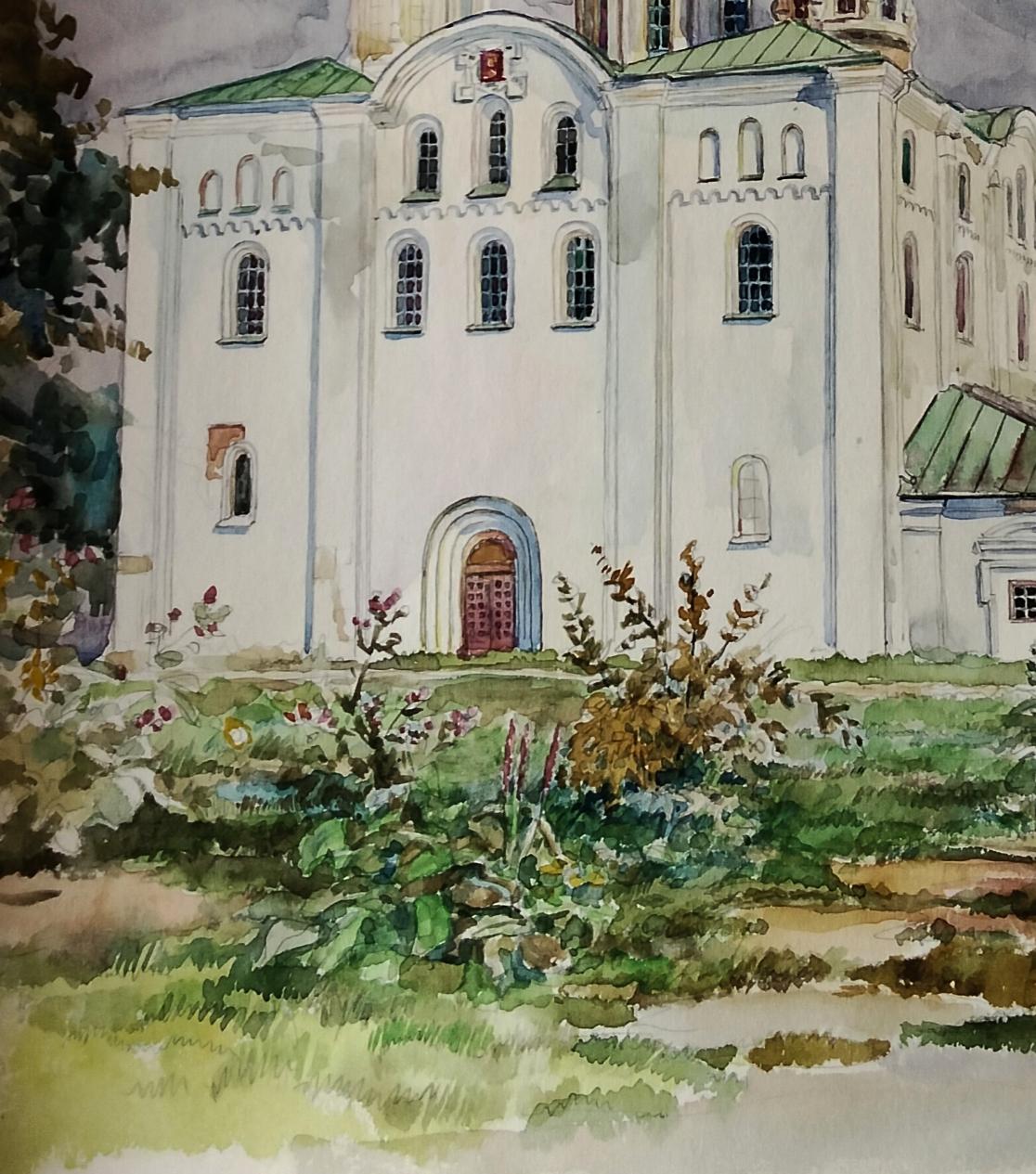 Watercolor painting of white stone church with green roof by Vitaly Duhnevich